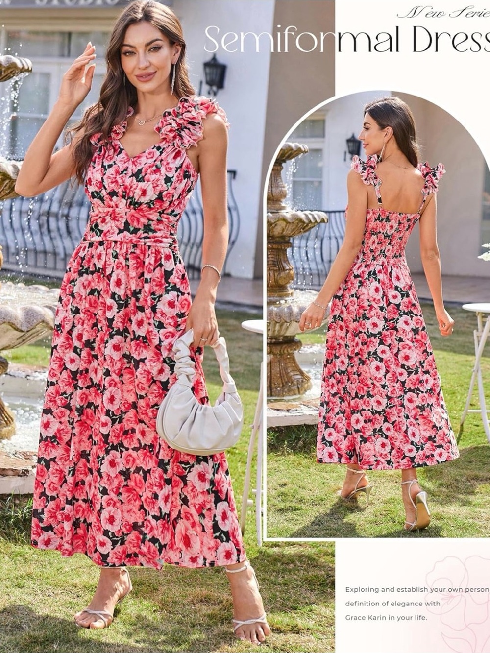Grace Karin Coral Pink Floral V-Neck Midi Dress - Picture 2 of 13